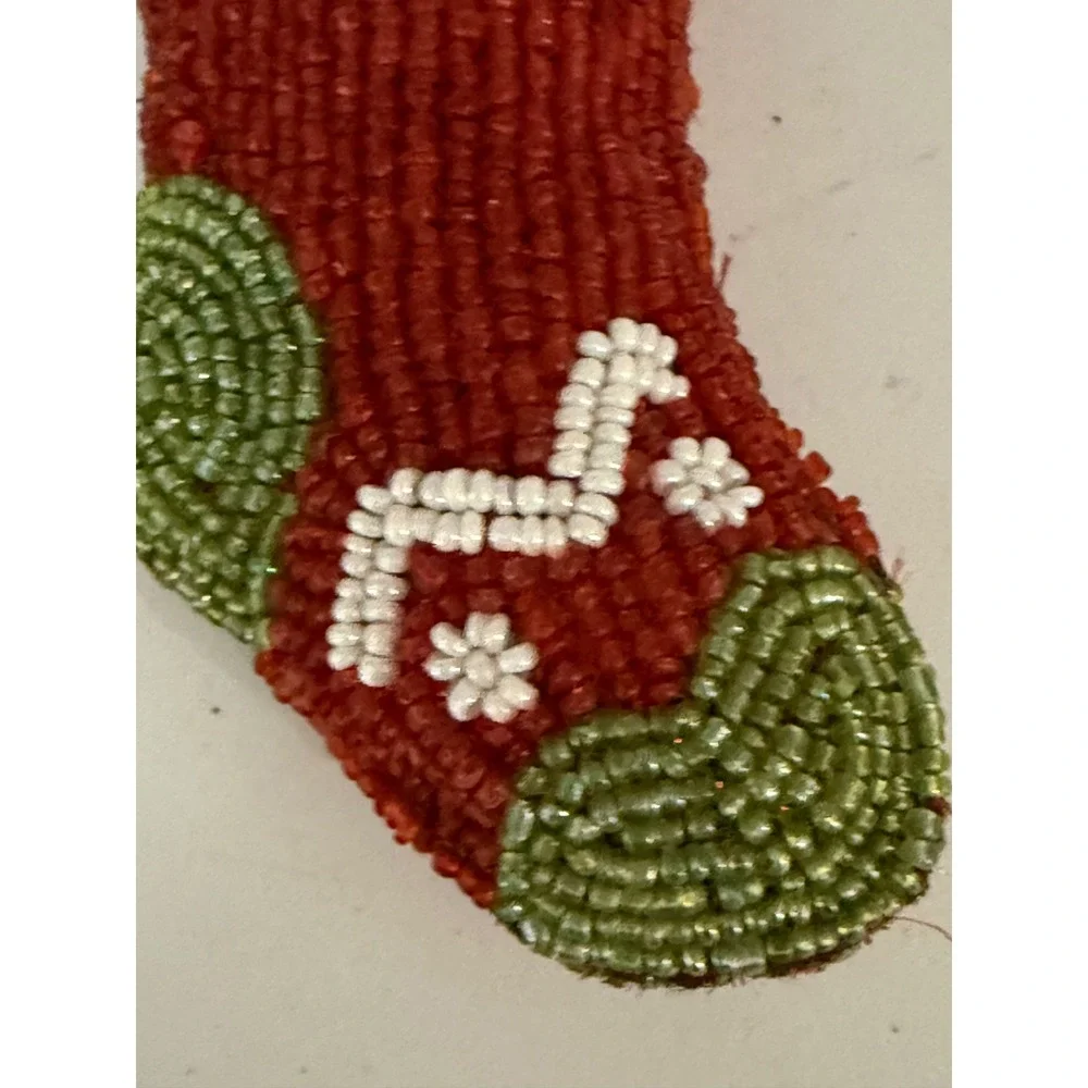 Vtg Beaded Christmas Stocking Ornament Red Green White Seed Bead Holiday Decor